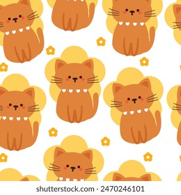 seamless pattern cartoon cat and flower. cute animal wallpaper for textile, gift wrap paper