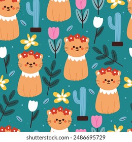 seamless pattern cartoon cat and flower. cute animal wallpaper for textile, gift wrap paper