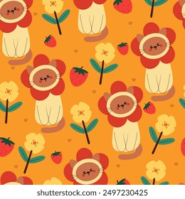 Gato y flor de la historieta del modelo inconsútil. Fondo de pantalla lindo para la materia textil, papel del abrigo del regalo