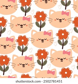seamless pattern cartoon cat and flower. cute animal wallpaper for fabric print, gift wrap paper