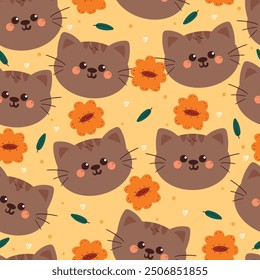 seamless pattern cartoon cat with flower. cute animal wallpaper for fabric print, gift wrap paper