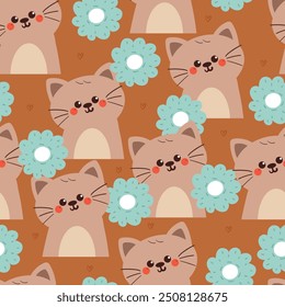 seamless pattern cartoon cat with flower. cute animal wallpaper for fabric print, gift wrap paper