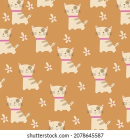 Patrón sin foco con gato de dibujos animados y flores sobre fondo marrón adecuado para papel tapiz