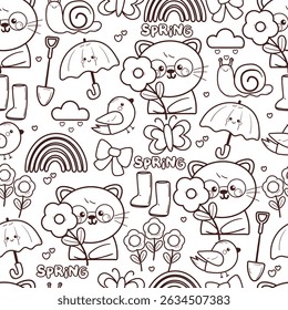 padrão sem costura desenho animado gato com flores e mola coisas. bonito preto e branco padrão animal para papel de parede, fundo e presente papel de embrulho