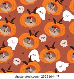 seamless pattern cartoon cat with ghost and pumpkin halloween. cute halloween wallpaper for fabric print, gift wrap paper