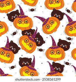 gato de desenho animado padrão sem costura com fantasma e abóbora halloween. papel de parede bonito halloween para impressão de tecido, papel de presente wrap