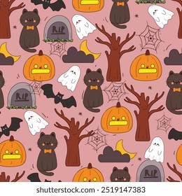 seamless pattern cartoon cat with halloween vibes. cute halloween wallpaper for fabric print, gift wrap paper