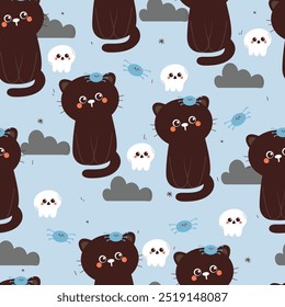 seamless pattern cartoon cat with halloween vibes. cute animal wallpaper for fabric print, gift wrap paper