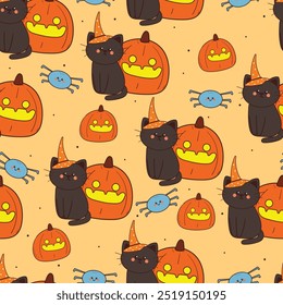 gato de desenho animado padrão sem costura com vibes halloween. papel de parede bonito halloween para impressão de tecido, papel de embrulho de presente