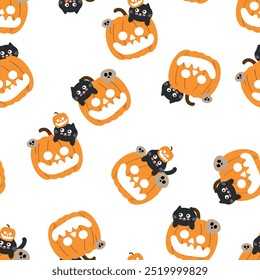 Seamless pattern cartoon cat with halloween vibes. cute halloween wallpaper for fabric print, gift wrap paper