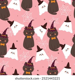 Gato de dibujos animados sin fisuras con vibraciones de Halloween. lindo Fondo de pantalla de Halloween para la impresión de la tela, papel de regalo