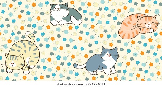 Seamless Pattern with Cartoon Cat and Hand Drawn Flower Design on Light Yellow Background