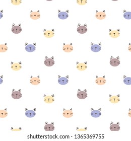 Seamless Pattern with Cartoon Cat Head Design on White Background