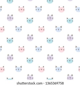 Seamless Pattern with Cartoon Cat Head Design on White Background