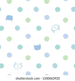 Seamless Pattern of Cartoon Cat Head and Dot Design on White Background
