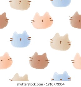 Seamless Pattern with Cartoon Cat Head Design on White Background