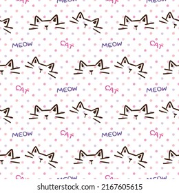 Seamless Pattern with Cartoon Cat Head Design on White Background with Pastel Dots