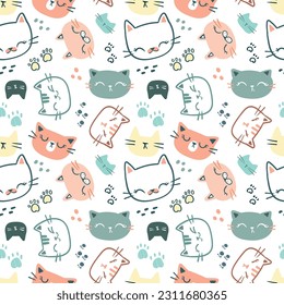 Seamless Pattern of Cartoon Cat Head Design on White Background