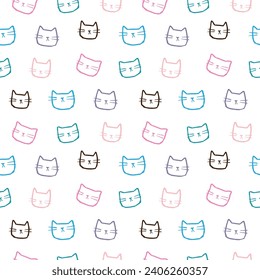 Seamless Pattern with Cartoon Cat Head Design on White Background