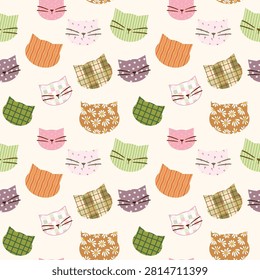 Seamless Pattern with Cartoon Cat Head Design on Light Beige Color Background. Hand Drawn Vector Illustration. Not AI Generated.