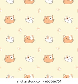 Seamless Pattern of Cartoon Cat Head and Paw Design on Yellow Background