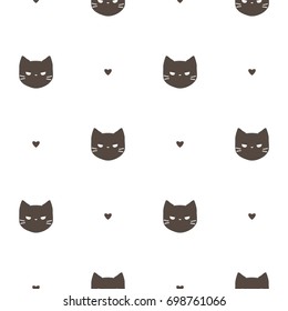 Seamless Pattern of Cartoon Cat Head and Heart Design on White Background