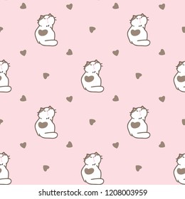 Seamless Pattern with Cartoon Cat and Heart Design on Pink Background