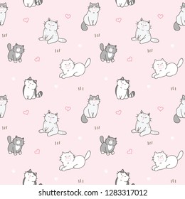 Seamless Pattern of Cartoon Cat and Heart Design  on Pink Background