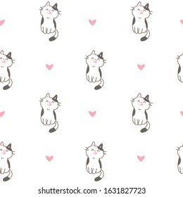 Seamless Pattern of Cartoon Cat and Heart Design on White Background