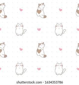 Seamless Pattern of Cartoon Cat and Heart Design on White Background with Pink Dots