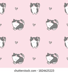 Seamless Pattern with Cartoon Cat and Heart Design on Pink Background