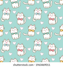 Seamless Pattern with Cartoon Cat  and Heart Illustration Design on Green Background