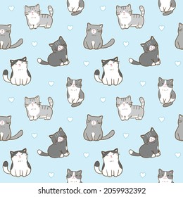 Seamless Pattern with Cartoon Cat and Heart Design on Light Blue Background