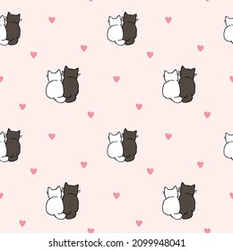 Seamless Pattern with Cartoon Cat and Heart Design on Light Pink Background