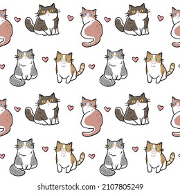 Seamless Pattern with Cartoon Cat and Heart Design on White Background