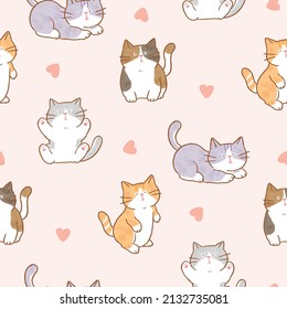 Seamless Pattern with Cartoon Cat and Heart Design on Light Pink Background