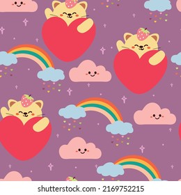 gatito de dibujos animados sin costura con forma de corazón, arco iris y nubes de fondo morado. papel pintado lindo para impresión de tela, papel de envoltura de regalo