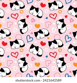 Patrón sin problemas con dibujos animados Diseño de gato y corazón en fondo rosa