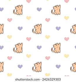 Seamless Pattern with Cartoon Cat and Heart Design on White Background