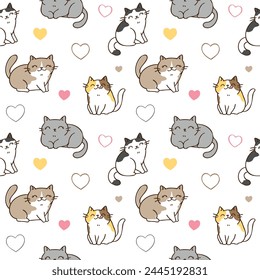 Seamless Pattern of Cartoon Cat and Heart Design on White Background
