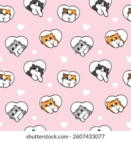 Seamless Pattern with Cartoon Cat and Heart Design on Light Pink Background. Hand Drawn Vector Illustration. Not AI Generated.