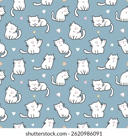 Padrão sem costura com desenho de desenhos animados Cat e coração no fundo cinza azul. Ilustração de vetor desenhada à mão. Não gerado IA.