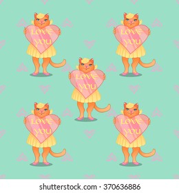 Seamless pattern with cartoon cat and heart