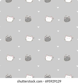 Seamless Pattern of Cartoon Cat and Heart Design on Grey Background