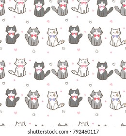 Seamless Pattern of Cartoon Cat and Heart Design on White Background