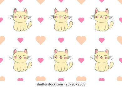 seamless pattern of cartoon cat with hearts