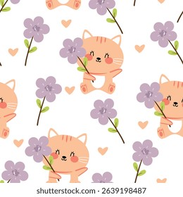 Seamless pattern cartoon cat hold purple flower and spring vibes element. cute animal pattern for wallpaper, background and gift wrap paper