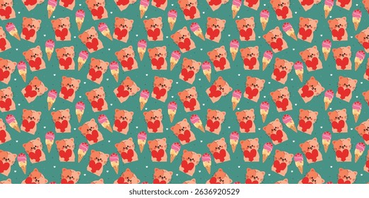 seamless pattern cartoon cat holding a heart balloon. cute animal pattern for desktop wallpaper, background and gift wrap paper