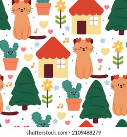 seamless pattern cartoon cat, house and plant for kids wallpaper, fabric print, gift wrapping paper.