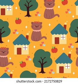 seamless pattern cartoon cat, house and plant. cute animal drawing for gift wrap paper